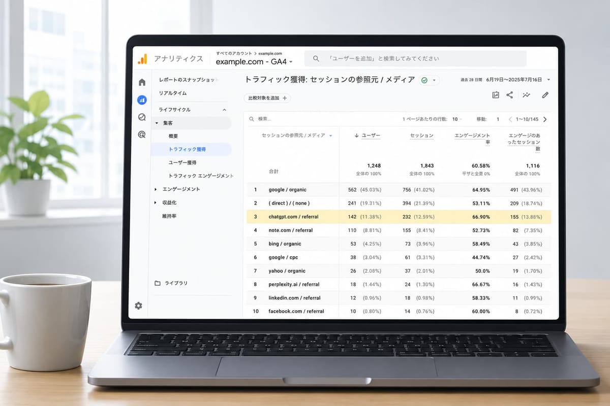 ノートPCに表示したGA4の「トラフィック獲得: セッションの参照元 / メディア」画面。3行目の chatgpt.com / referral（142ユーザー・232セッション）が強調されている